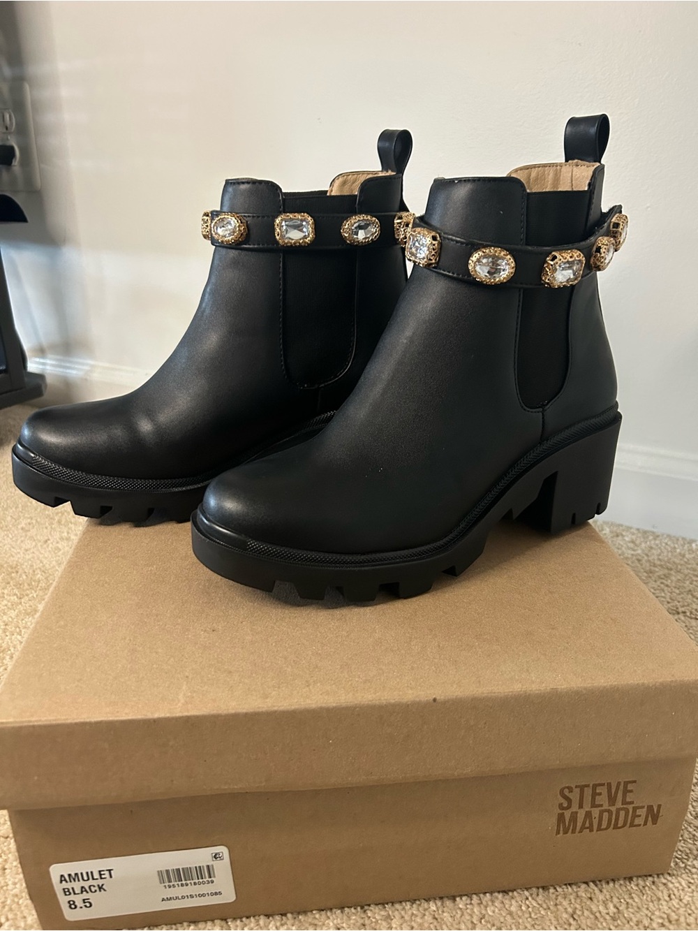 Steve Madden Black Jewel-Trim Lug Sole Ankle Boots